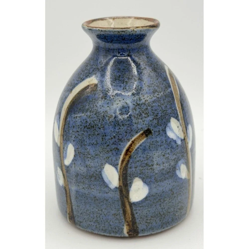 Blue Speckled Pottery Bud Vase Branch Motif 5